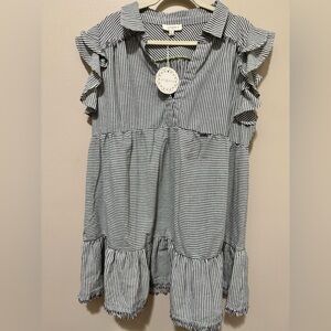 Umgee Black and White Striped Ruffle Sleeve Tiered Dress